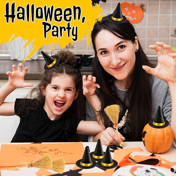 Felt Witch Hats and Brooms for Halloween Handmade Wine Bottle Party Decor