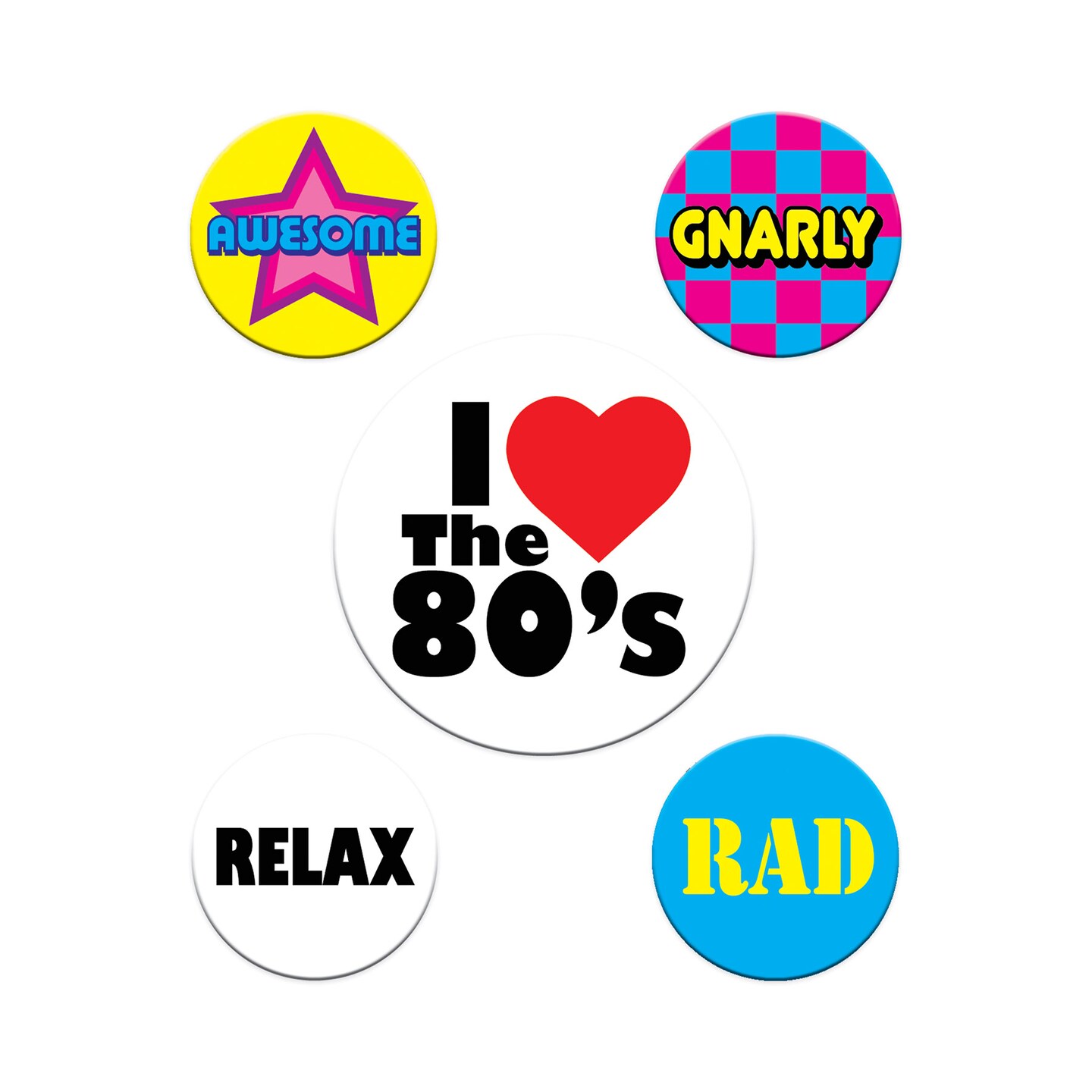 Beistle 2-1/3in. and 1-1/3in. 80s Party Buttons - 12 Pack