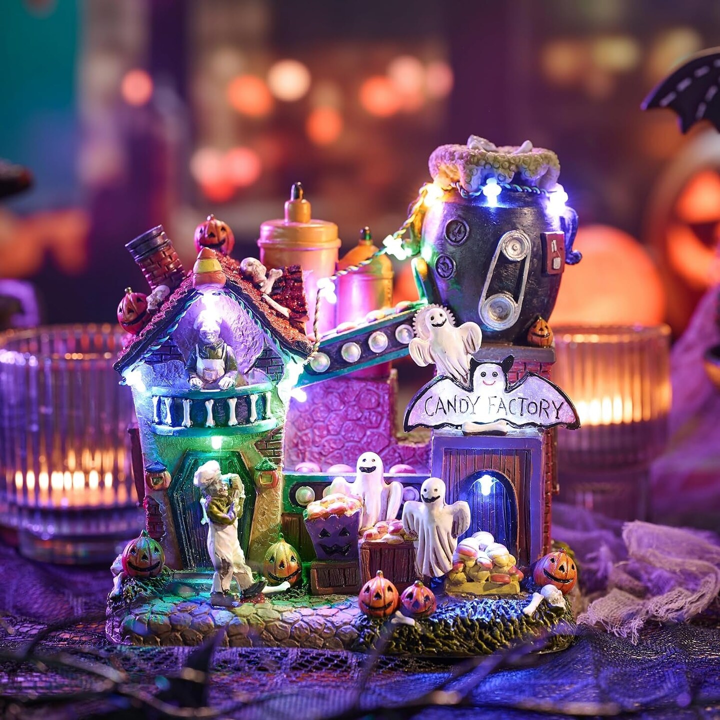 Halloween Village Decoration for Home, 7.7Inch Lighted Vintage Halloween House Statue with Music and Light, for Yard Garden Outdoor Indoor Home Halloween Party Decor