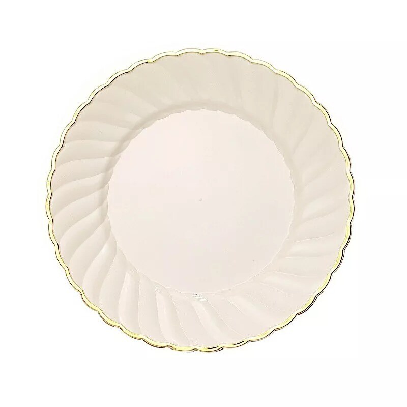 10 Round 10" Ivory Plastic Salad Dinner Plates Gold Swirl Design Rim Party