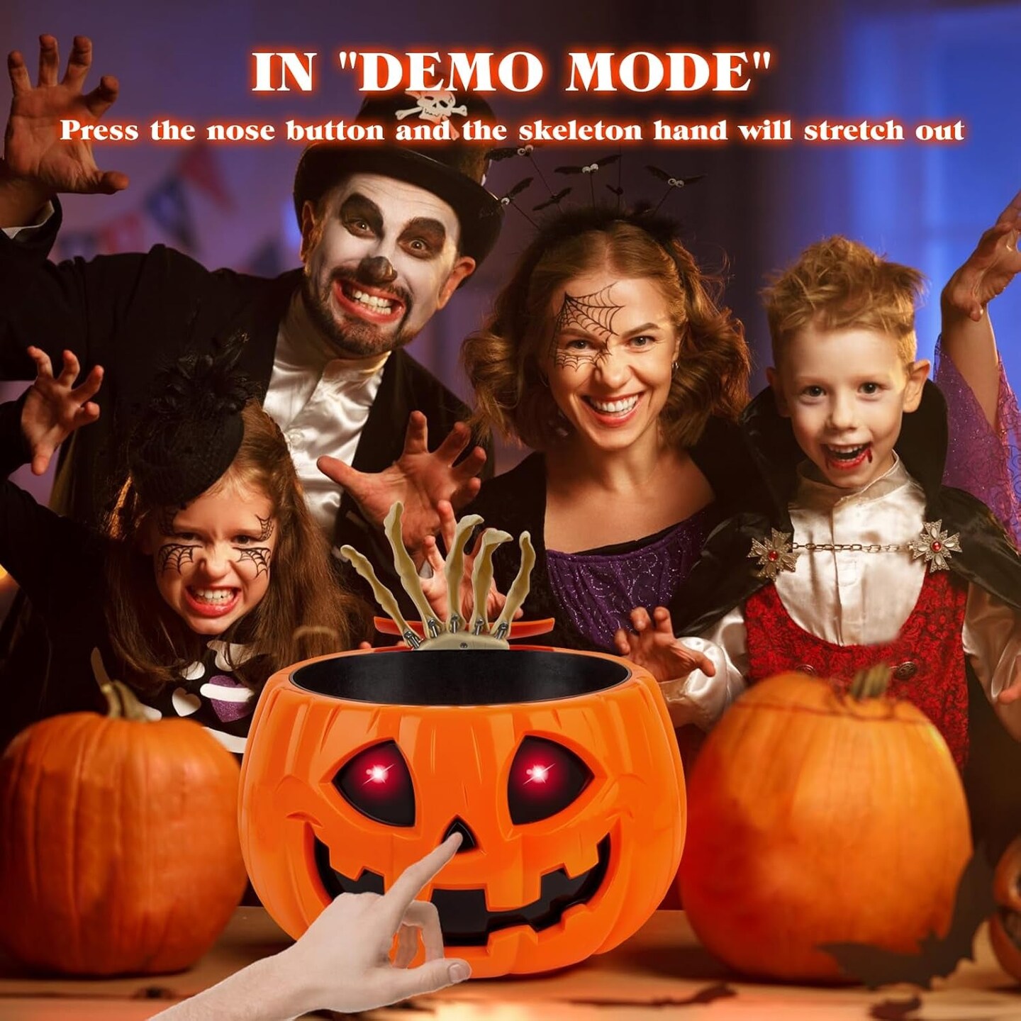 Animatronic Halloween Candy Bowl Decorations - Motion Activated Pumpkin Candy Bowl with Creepy Sound, Skull Hand, Glowing Eyes, for Trick or Treat, Indoor Halloween Party Decoration Candy Bowl