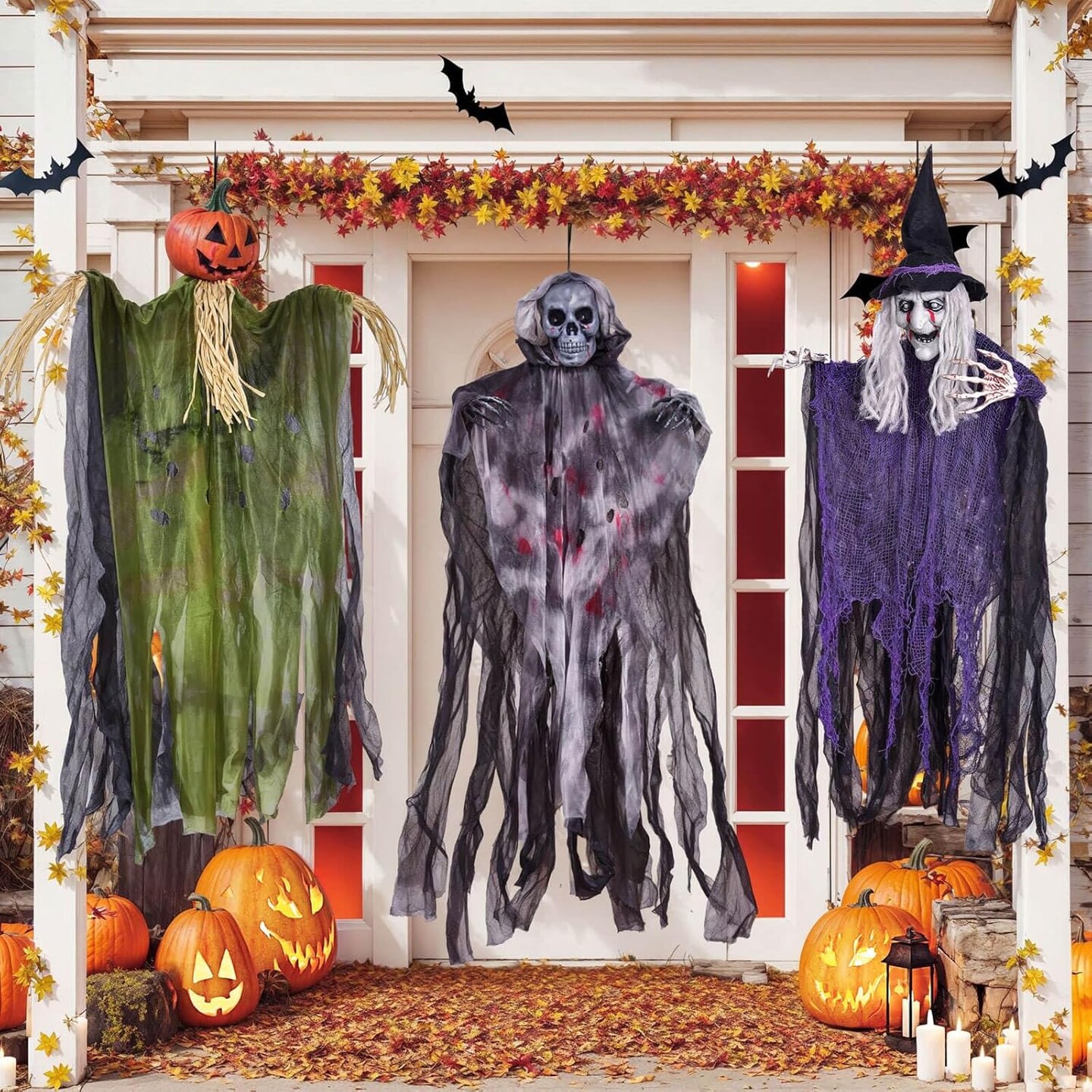 3Pack Halloween Decorations Outdoor - Hanging Halloween Decoration with 35.4&#x201D; Hanging Ghost Witch &#x26; Grim Reapers &#x26; Ghost Pumpkin for Halloween Outdoor Indoor Decor