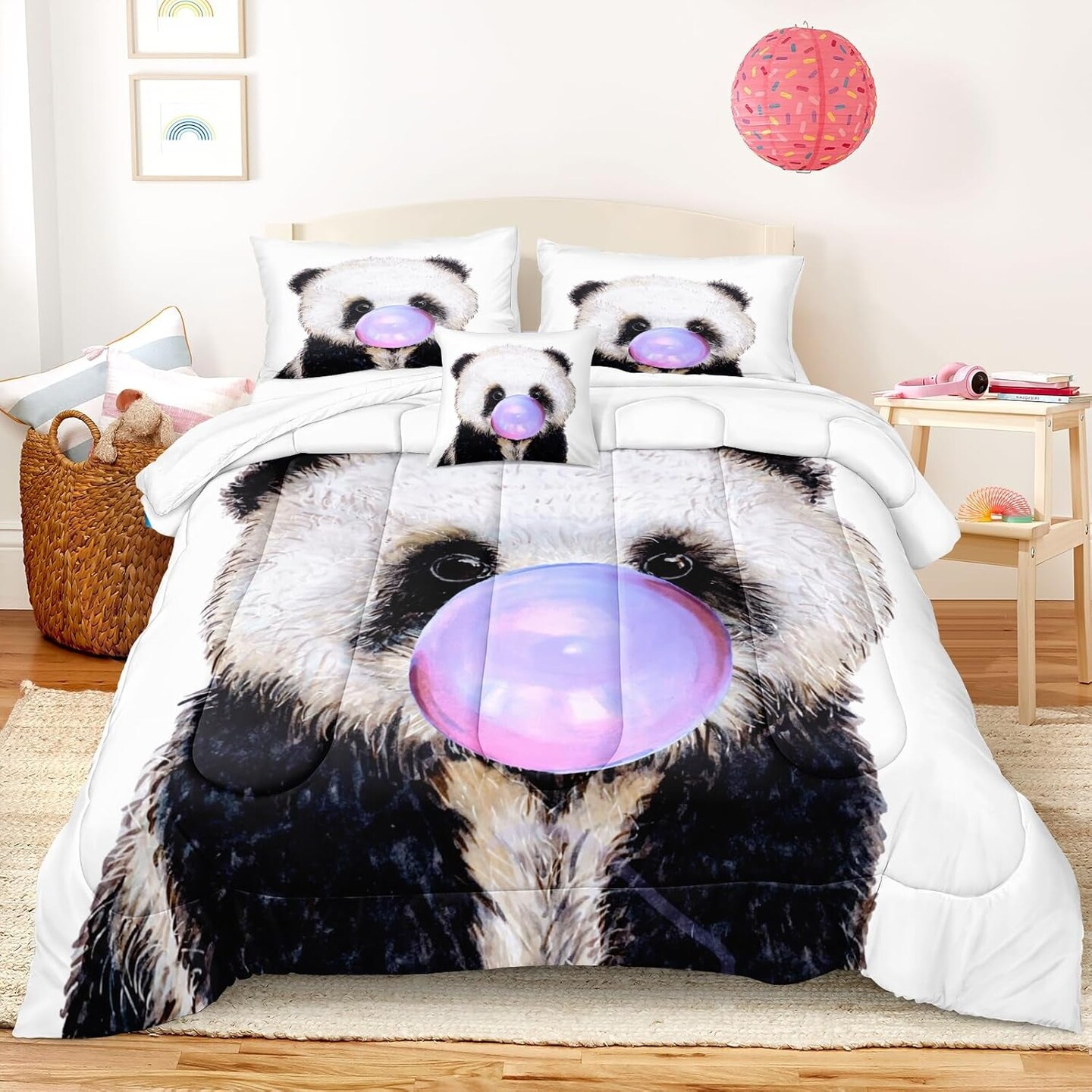 Panda Comforter Set Queen Size Kids Bedding Set 4 Pcs Purple Bubble Panda Bedding Sets for Kids Girls Boys and Child Black White Panda Cub down Comforter Set Cute Animal Kids Bedroom