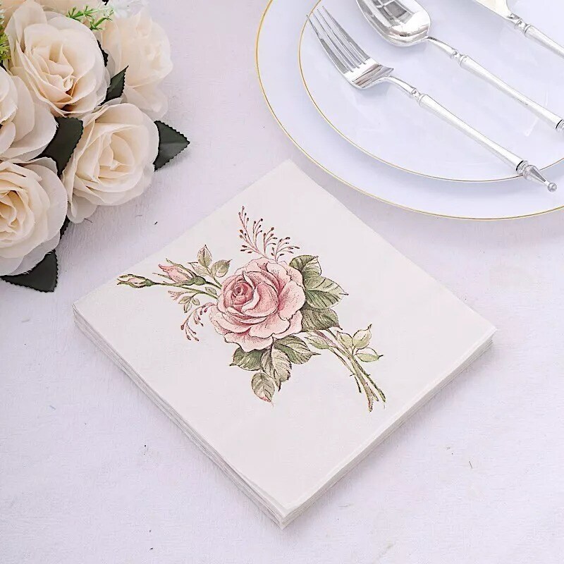 Ivory Pink 20 Disposable 13&#x22; x 13&#x22; Rose Cocktail Paper Napkins Party Decorations