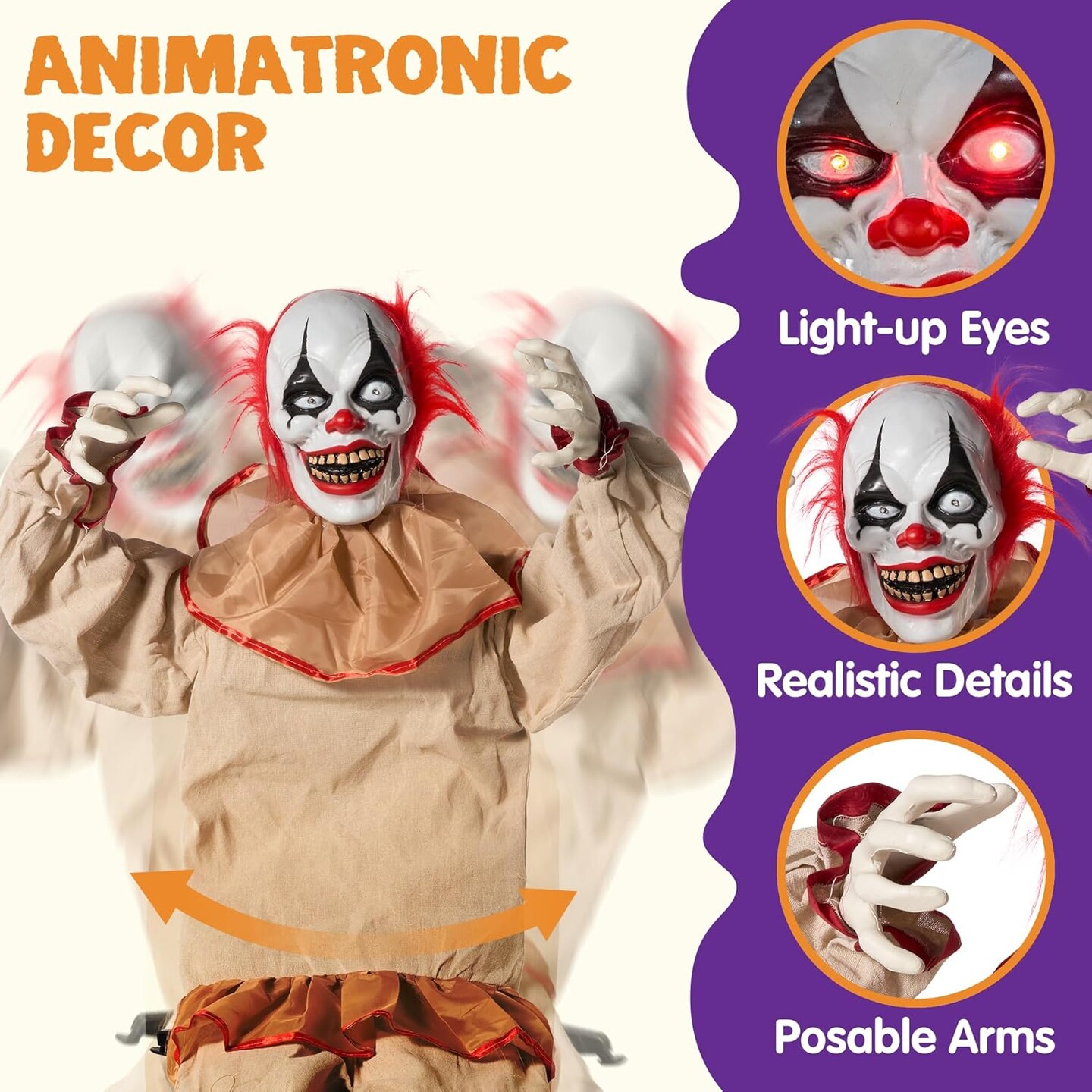 Halloween Animatronics Sitting Clown with Light-Up Eyes, Creepy Sound and Moving Arms & Head, Sound Activated Animated Halloween Decorations for Indoor Haunted House Decor Outdoor Yard Lawn