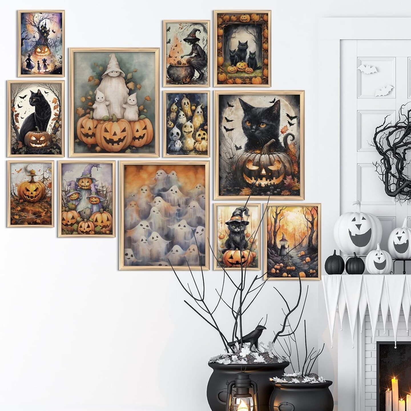 Vintage Halloween Wall Art Unframed Cute Witch Cat Pumpkin Halloween Poster Dark Academia Gothic Wall Decor Creepy Aesthetic Halloween Pictures Print for Bedroom Gallery Wall Home Decor