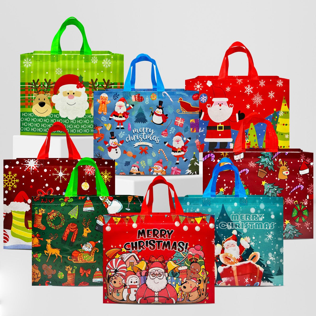 Wrapables Non-Woven Reusable Christmas Holidays Gift Bags with Handles for Gift Wrap, Parties, Favors and Treats (Set of 8), Festive Joy