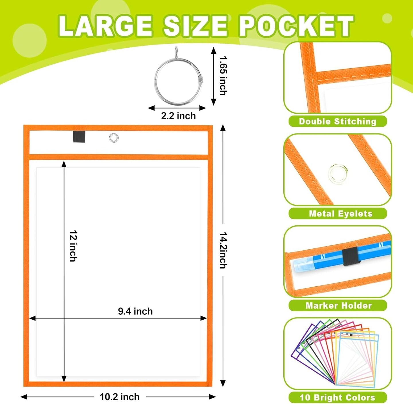Dry Pockets with 2 Rings, 10 X 14 Oversized Reusable Dry Erase Pocket Sleeves in 10 Colors Bulk, Plastic Clear Sheet Protectors for Classroom School Teacher Supplies Storage