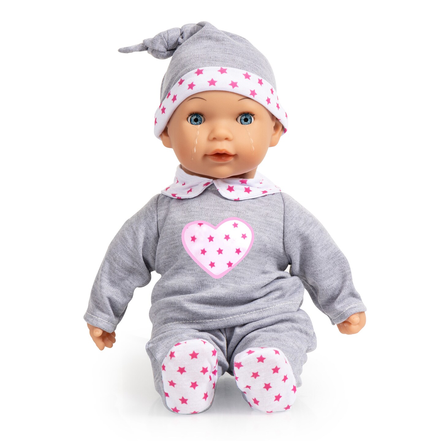 Bayer Design Doll: Interactive Tears Baby - Grey, Pink, Hearts - 15&#x22; (38cm) Soft Baby Doll W/ Sound Function, Real Tears, Sleeping Eyes, Included Accessories Pacifier, Bottle, Rattle