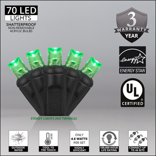 70 5mm Green LED Christmas Halloween Lights, Black Wire, 4&#x22; Spacing