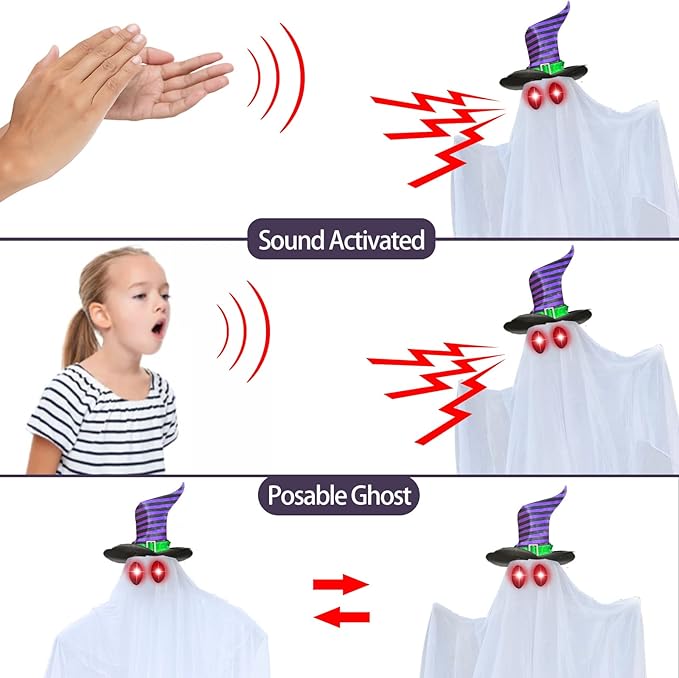 Animatronic Hanging Ghost Sound Activated Color Changing Eyes Spooky Laugh Sound Lighted Flying Ghost Halloween Decoration Outdoor Haunted House Prop Yard