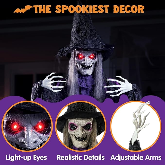 Decorations Outdoor, Flying Witch Life Sized Sound Activated Light Up Eyes Party Supplies Garden Haunted House Front Porch Door Scary Old World