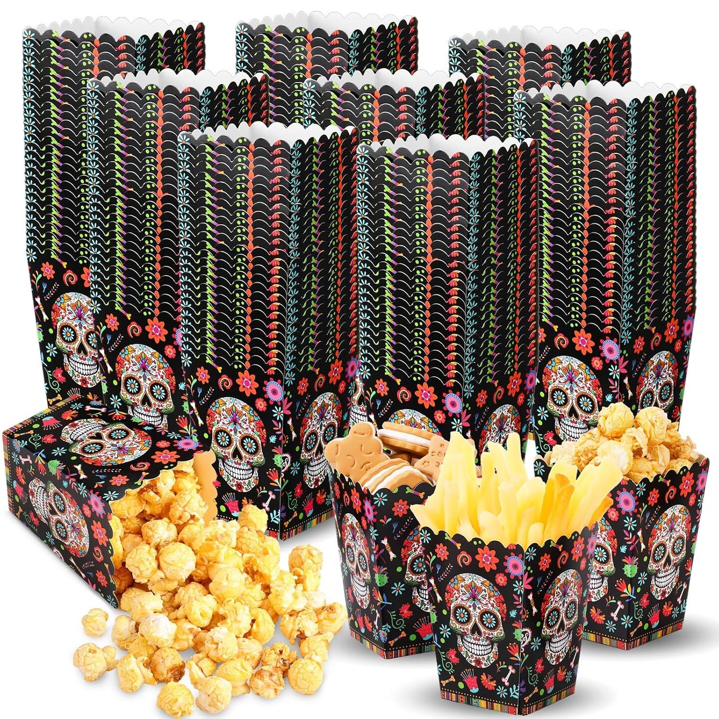 100 Pcs Popcorn Containers Bulk for Party Mini Popcorn Box Dia De Los Muertos Popcorn Treat Boxes Popcorn Bowls Snack Candy Box for Day of the Dead Flower Skull Theme Halloween Party Supplies