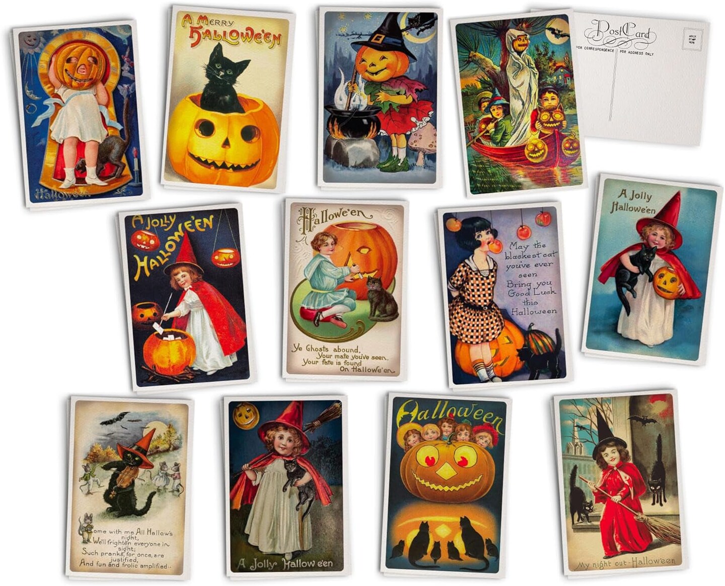 Antique Children&#x27;S Halloween Post Cards - 24 Vintage Halloween Postcards - 12 Assorted Retro Illustration Cards Printed on Vintage Textured Style Cardstock