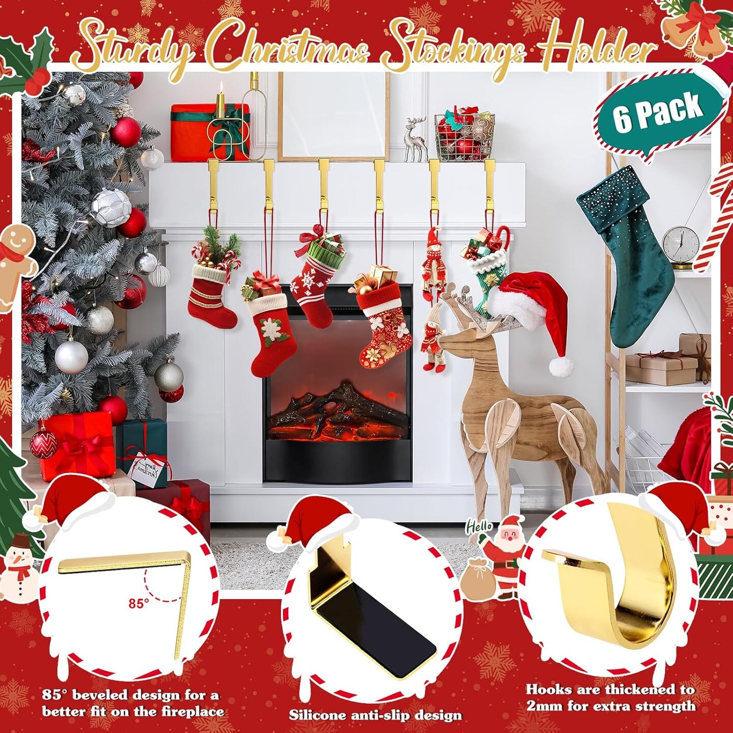 6 Pack Gold Christmas Stockings Holder, Non-Slip Christmas Fireplace Hanger Hooks,Stocking Holders for Mantle for Christmas Decorations (Gold)