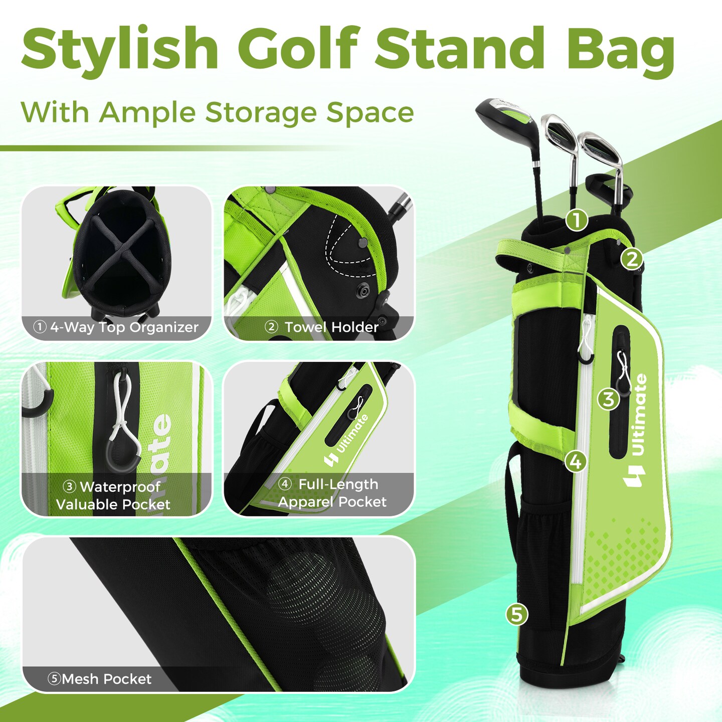 Junior Complete Golf Club Set for Kids with Rain Hood Right Hand Children Golf Age 8-10 Years Old