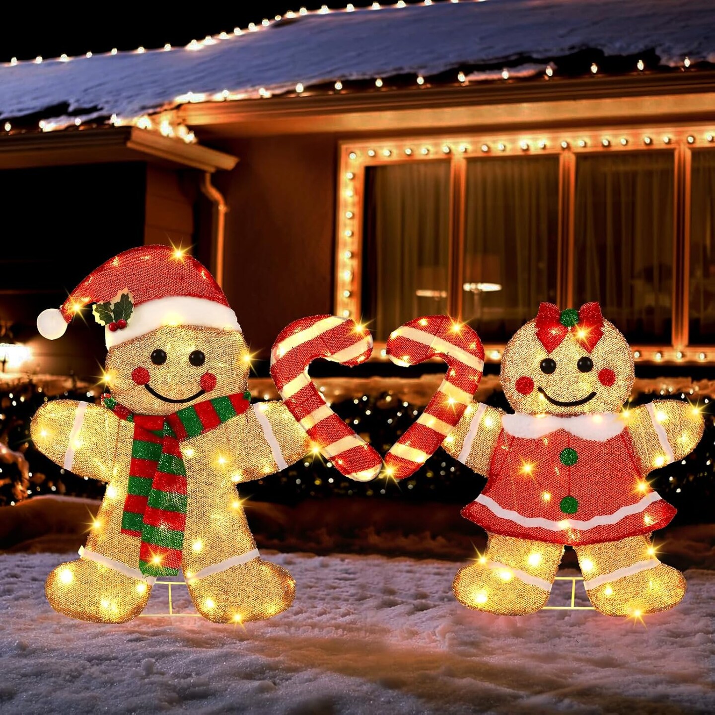 22.5&#x2019;&#x2019; Lighted Christmas Yard Decoration 2pcs Light Up Gingerbread Man Couple Christmas Outdoor Decorations Sign Waterproof for Xmas Winter Holiday Garden Lawn Outside Indoor Decor Display