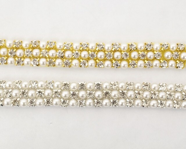 3/4&#x22; Gold Rhinestone Pearl Fashion Chain Trim 5 Yard Decorative Trim