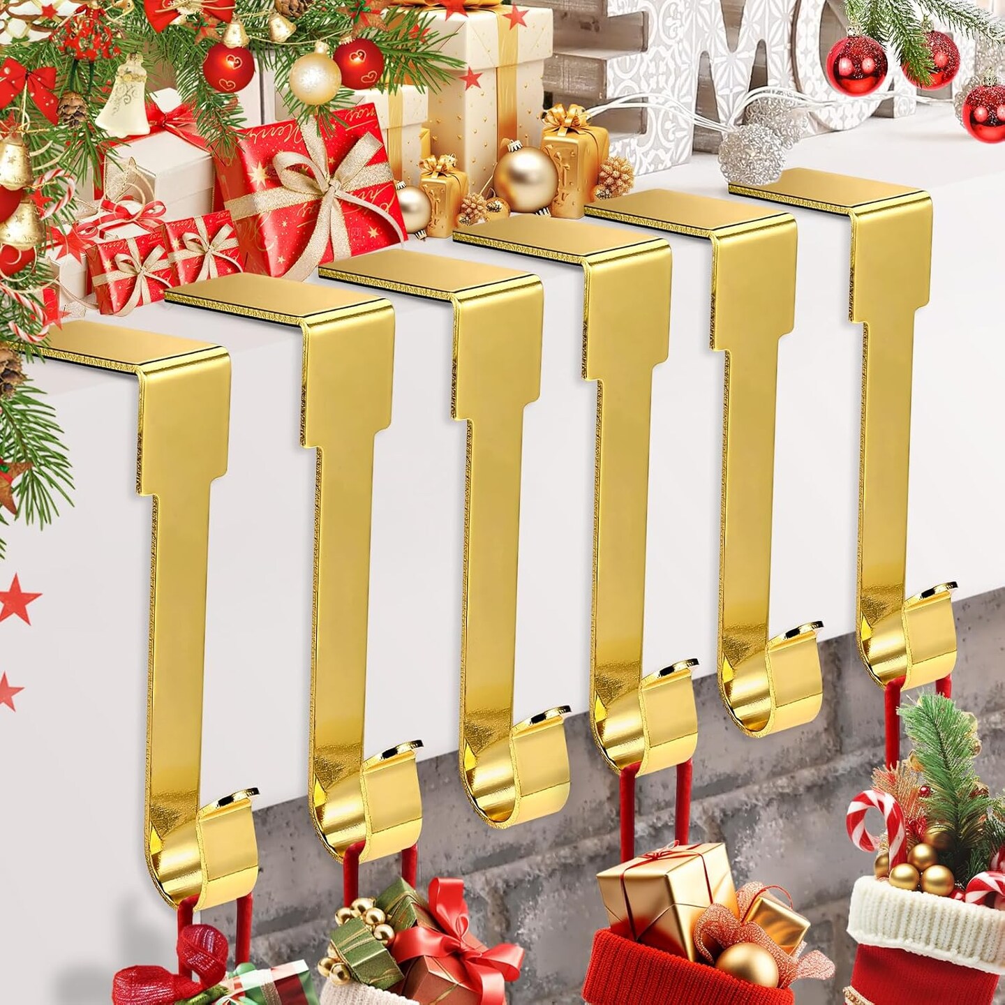 6 Pack Gold Christmas Stockings Holder, Non-Slip Christmas Fireplace Hanger Hooks,Stocking Holders for Mantle for Christmas Decorations (Gold)