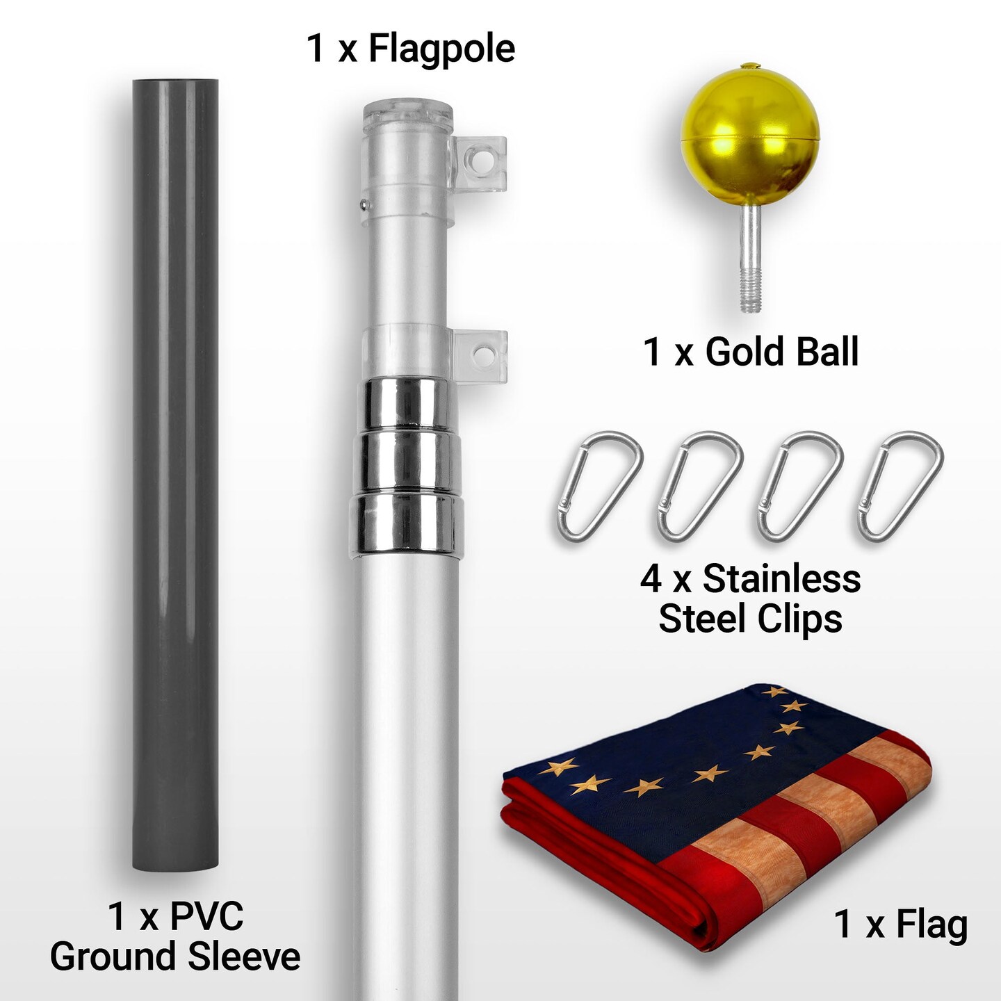 G128 Combo Pack: 16 Ft Telescoping Aluminum Flagpole (Silver) & Betsy Ross Tea-Stained Flag 3x5 Ft, ToughWeave Pro Series Embroidered 420D Polyester | Pole with Flag Included