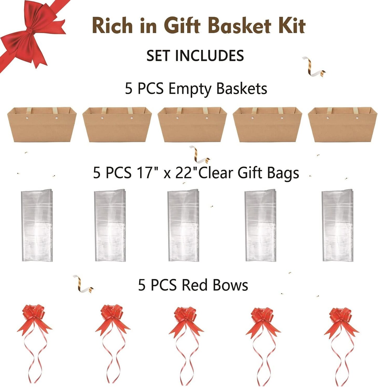 Baskets For Gifts Empty, Kraft Basket With Handles Gift Basket Kit With 5 Baskets, 5 Shrink Wrap Bags and 5 Bows, Gift Basket Empty To Fill Bulk For Wedding Birthday Party Christmas Valentines Holiday