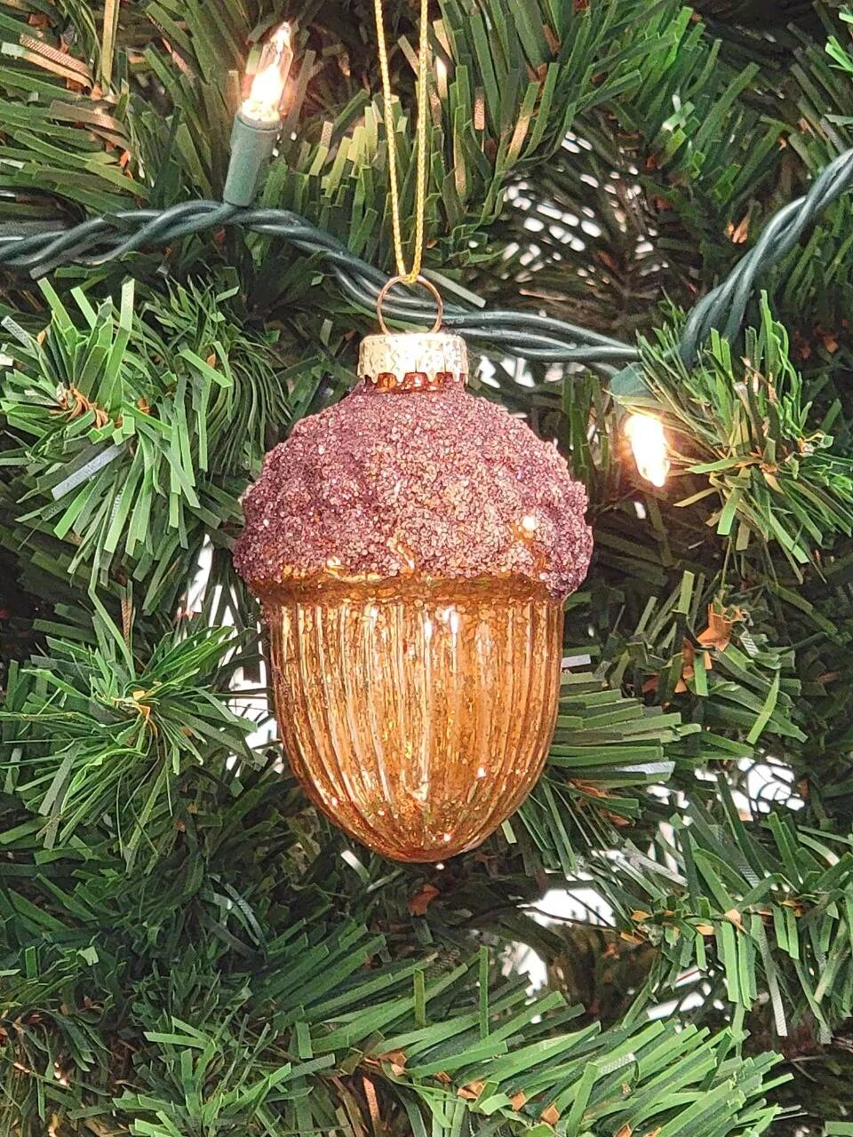 Orange Glitter Acorn Glass Christmas Ornament