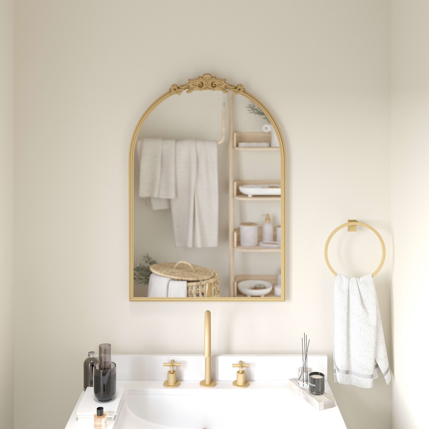 Emma and Oliver Monte Arched Wall Mirror with Baroque Style Detail, and Aluminum Backed Glass for Clarity for Entryways, Bathrooms &#x26; More