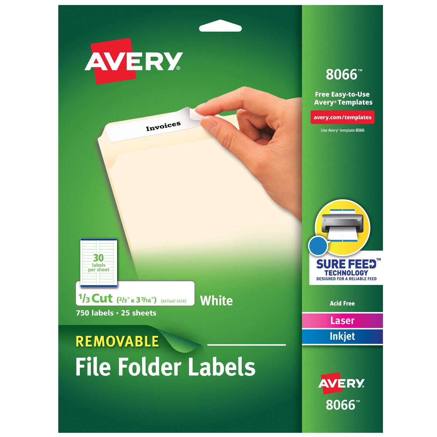 Avery File Folder Labels with Sure Feed, 2/3" x 3-7/16", 750 Printable Labels, Removable, White (8066) - 5 Pack