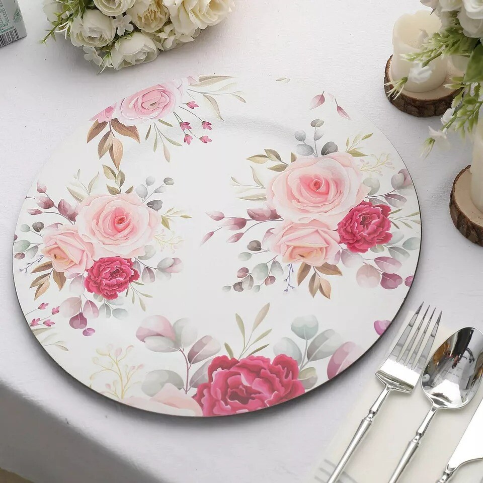 Assorted 6 Round 13&#x22; Rose Floral Print Plastic CHARGER PLATES Party Decorations