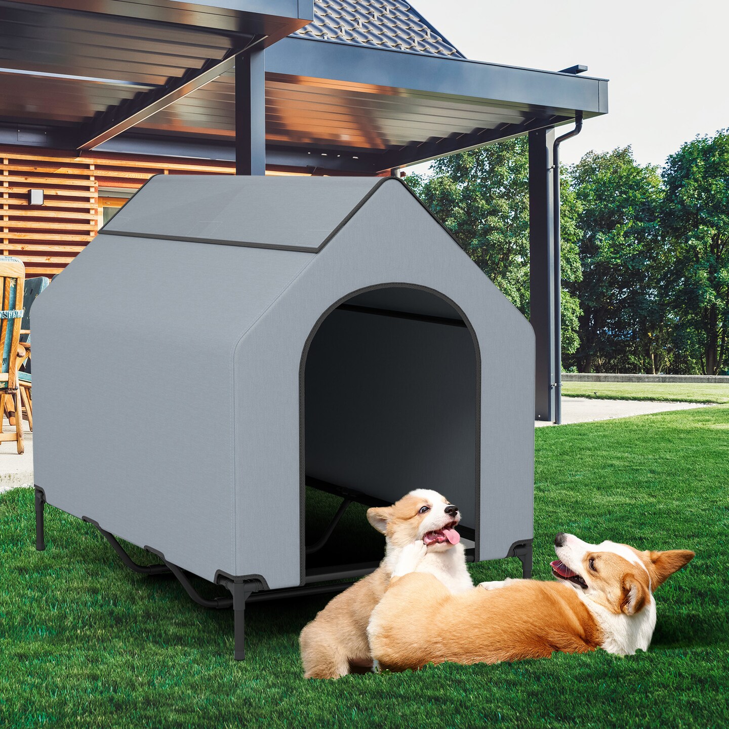 Grey-Black 600D Oxford Elevated Dog House Mesh Fabric Metal 2-in-1