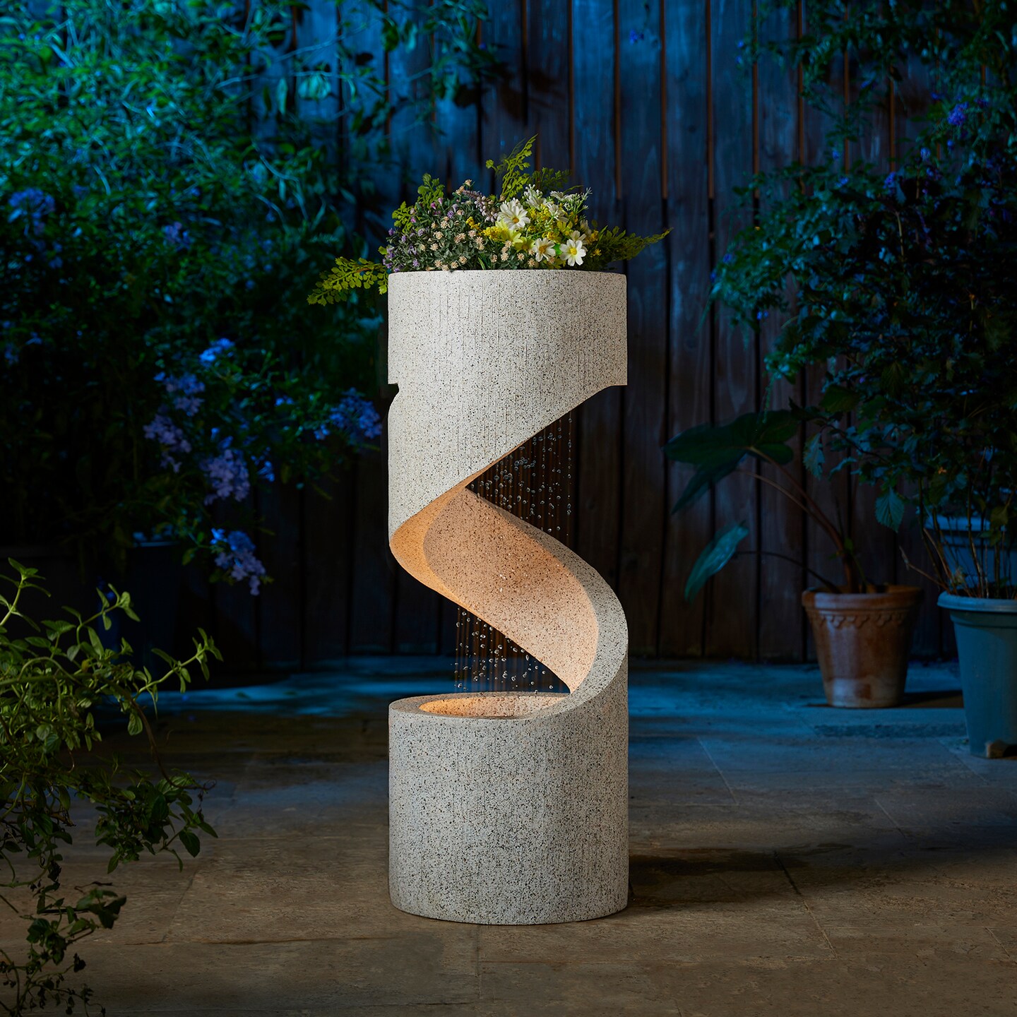 31.25"H Spiral Shaped Outdoor Fountain with LED Light, Polyresin, Includes Pump, Multiple Colors