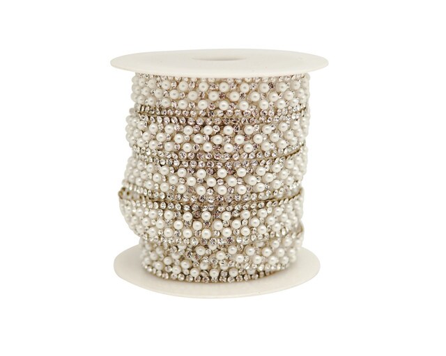 1/2"x 5 Yards Silver Crystal Faux Pearl Iron-On Rhinestone Trim