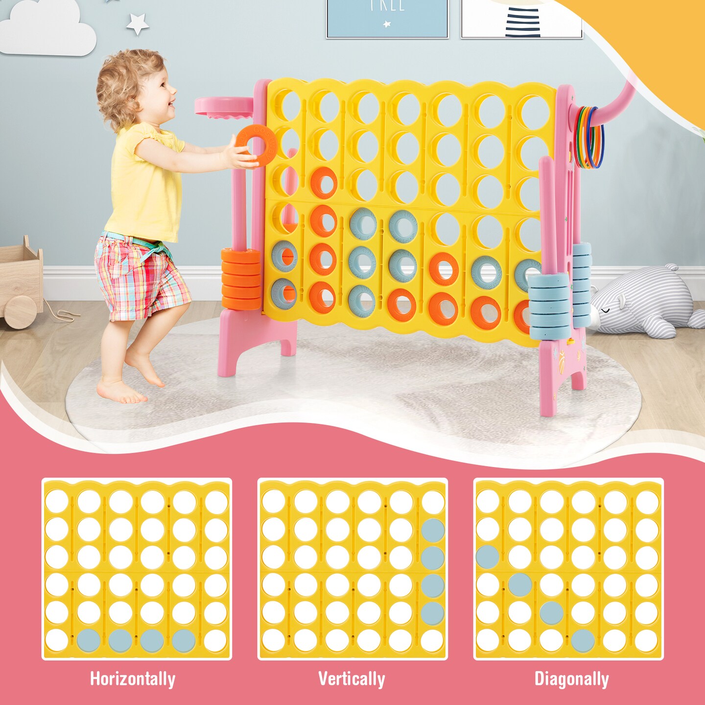 Kids 3-in-1 Game Set Connect 4 Toss Basketball Indoor Outdoor Fun
