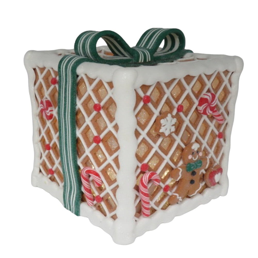 7.9&#x22; LED Gingerbread Candy Gift Box with Bow  Christmas Decoration- Green