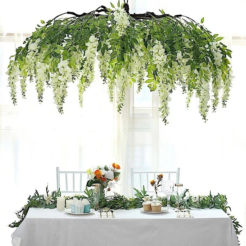 55&#x22; Cream Green Silk Wisteria Vine Hanging Artificial Flower Chandelier Party