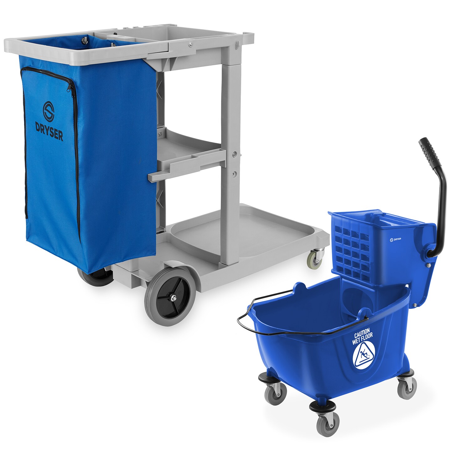 Dryser Commercial Janitorial Cleaning Cart on Wheels with Shelves and Vinyl Bag &#x26; Commercial Mop Bucket with Side Press Wringer, 26 Qt. Blue