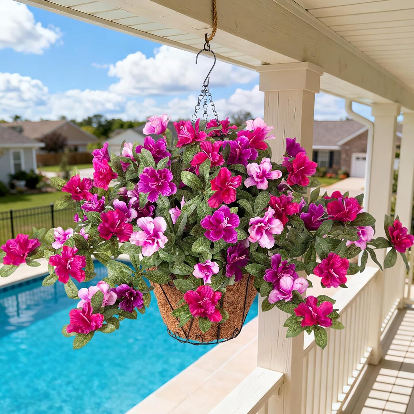 Artificial Hanging Azalea Flower Basket for Outdoors, UV Resistant
