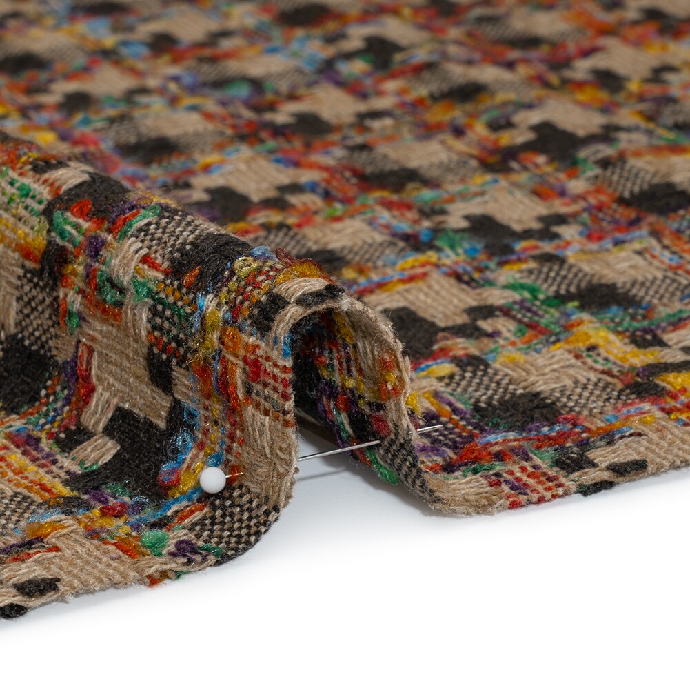 1 Yard Wool Blend Tweedy Boucle Woven Brown Beige and Rainbow Blocky Houndstooth