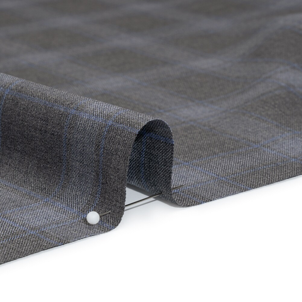 1 Yard Super 130s Wool Twill Suiting Gray and Sky Blue Plaid 60 inch Width