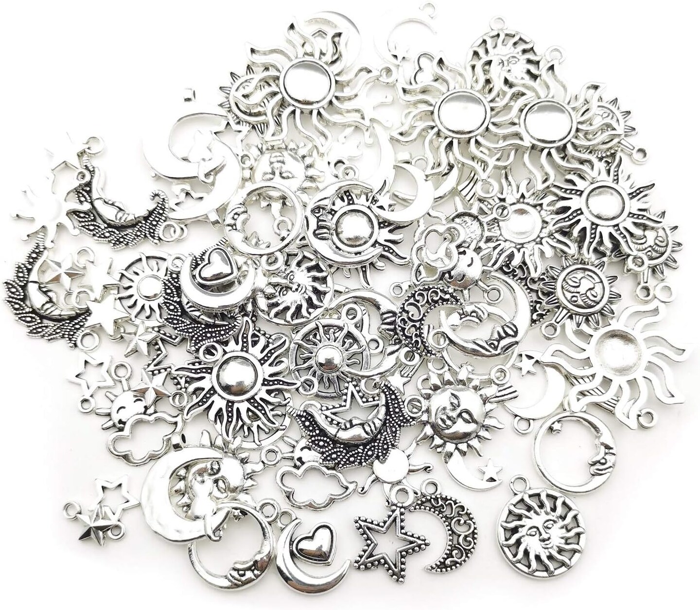 100g(80pcs) Craft Supplies Mixed Antique Silver Sun Moon Stars Charms Pendants for Crafting, Jewelry Findings Making Accessory for DIY Necklace Bracelet (M250)