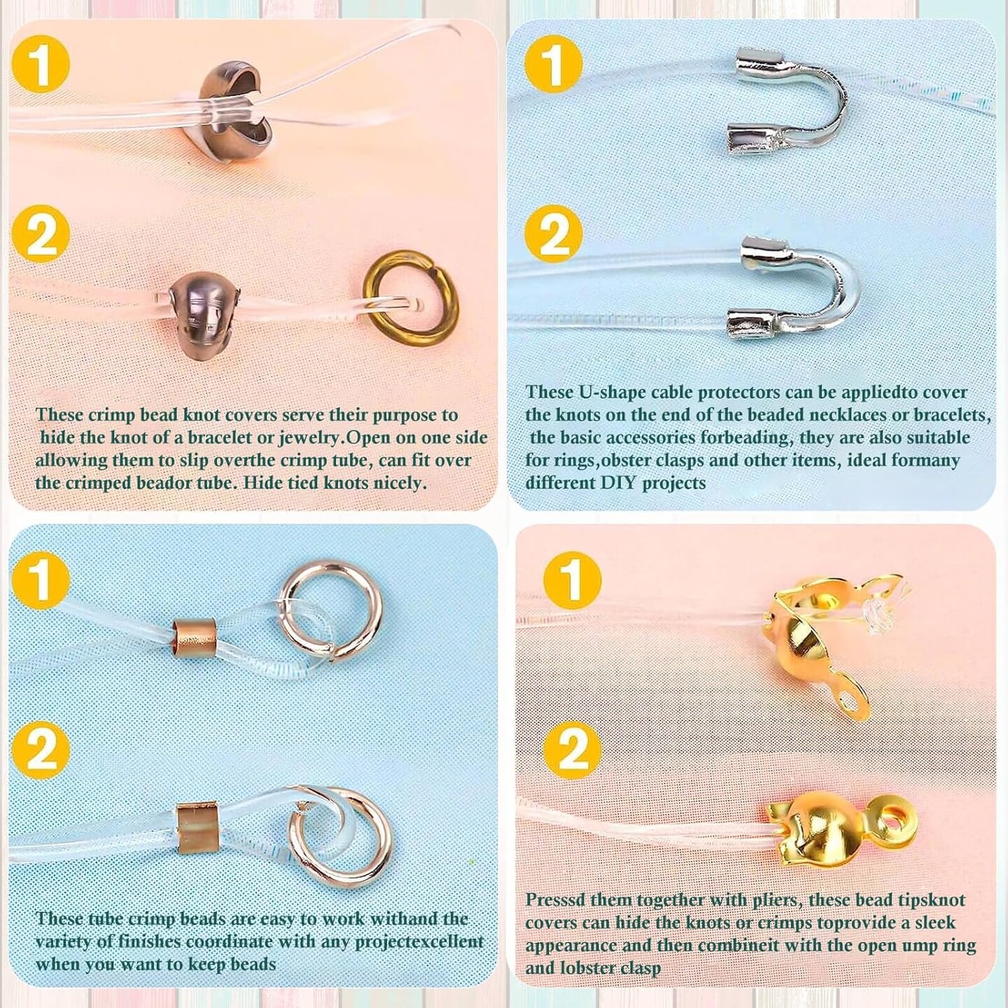 2160 Pieces Crimp Beads Kit for Jewelry Making, Knot Covers, Crimp Bead Covers, Crimp Tubes, Jump Rings and Wire Guardians with Crimping Pliers, Elastic String for Bracelets Necklaces Making