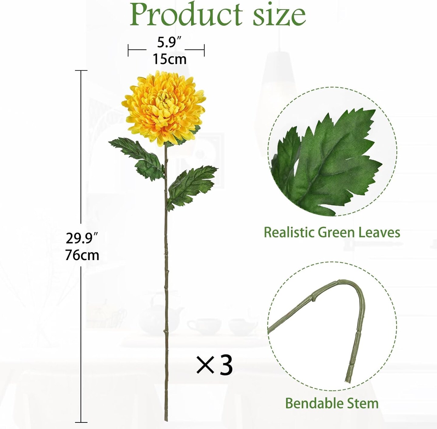 3Pcs Fake Mums Flowers Yellow Artificial Chrysanthemum Flowers Silk 30&#x22; Long Stem Floral Arrangements Bouquets Faux Spider Mum Flower Pincushion Flower Bush Spring Home Decor