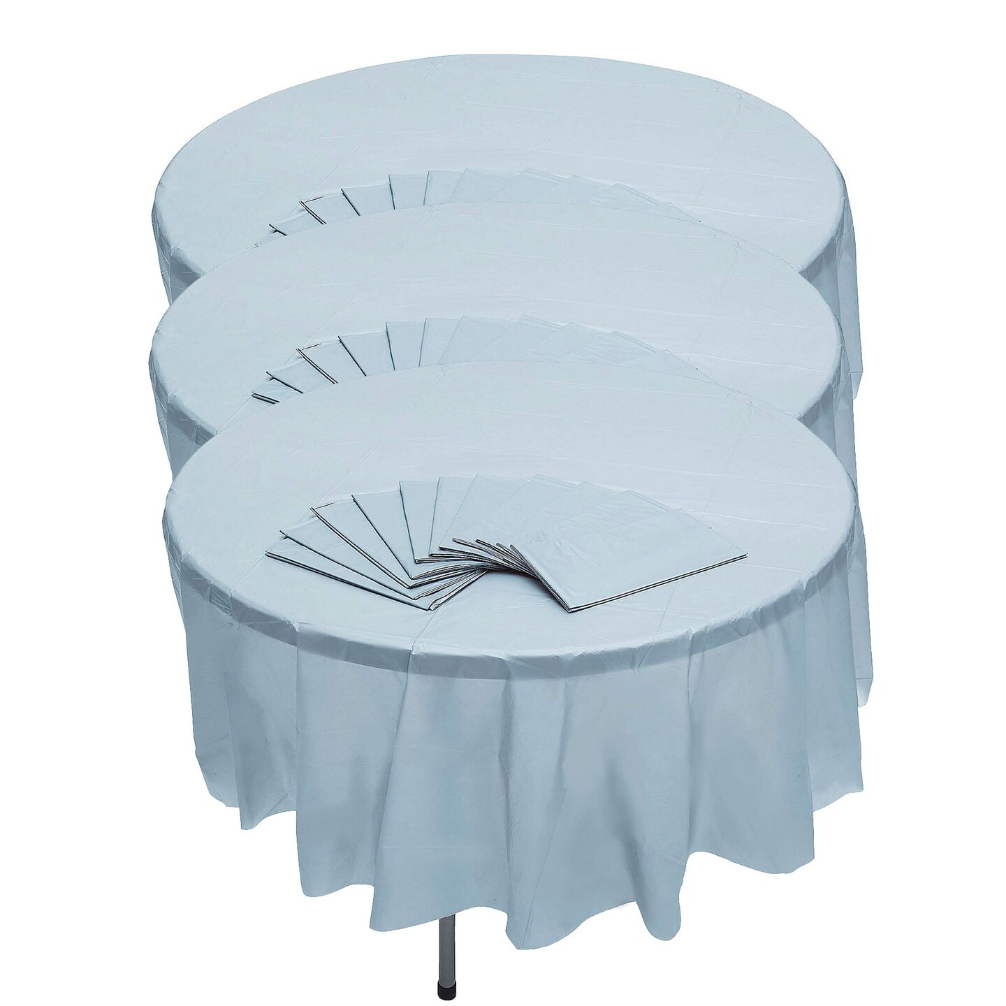 6 Ft. 10&#x22; Bulk 12 Pc. Light Blue Round Disposable Plastic Tablecloths