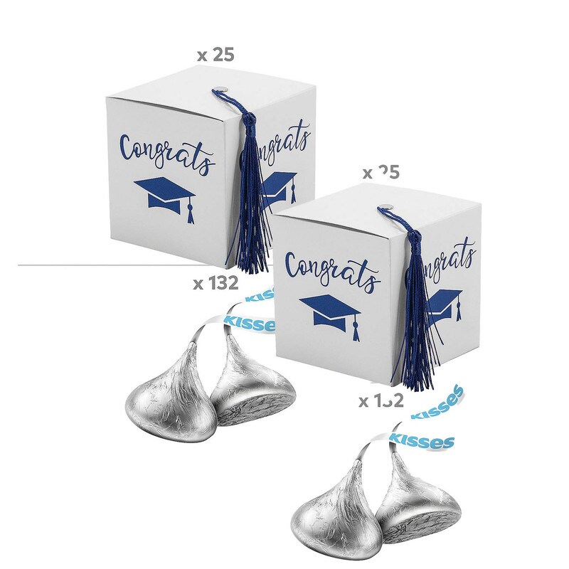 Graduation Favor Boxes with Blue Tassel & Blue Hershey’s Kisses Kit for 25