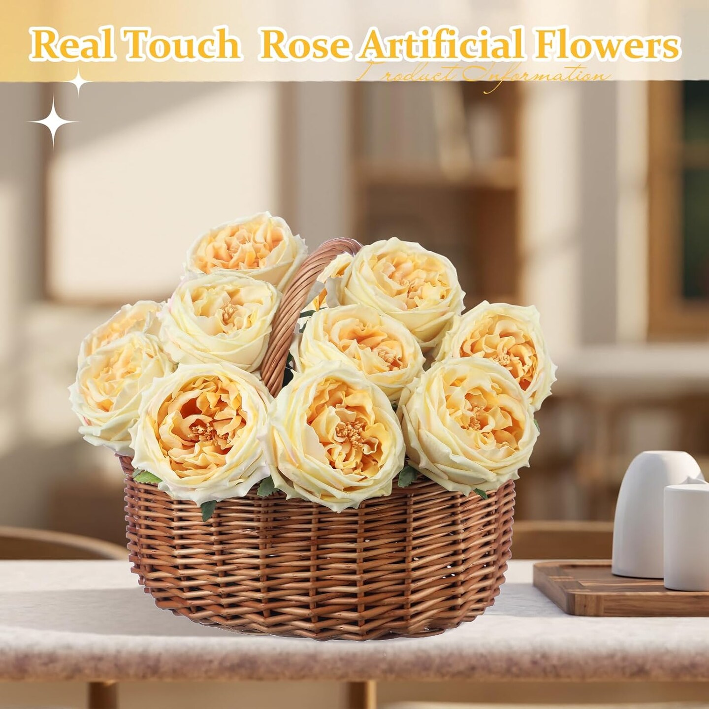 10pcs Real Touch Peonies Artificial Flowers, Faux Austin Rose with Long Stem Look Real Fake Flower for Arrangement Wedding Party Home Kitchen Decor(Champagne)