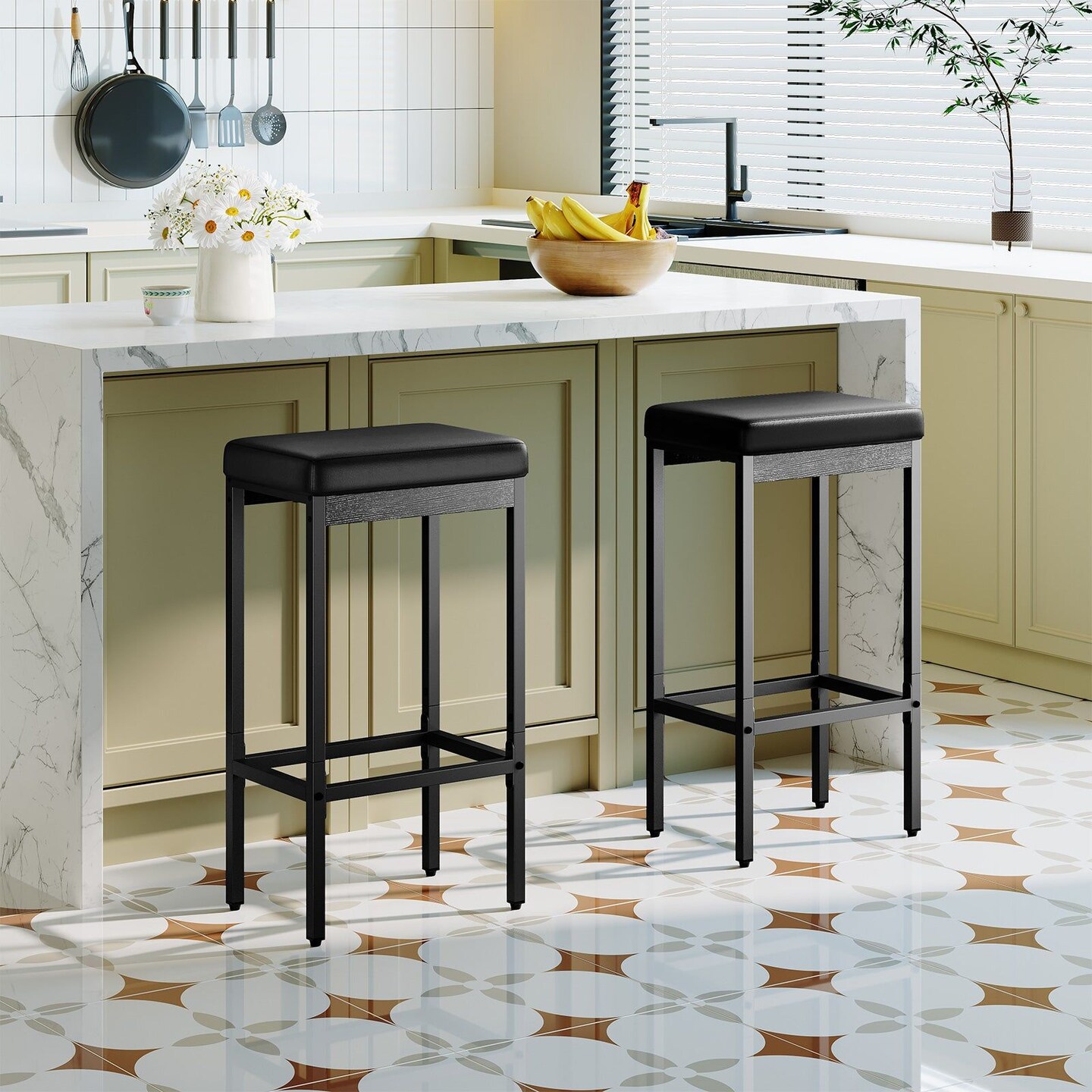 Modern Bar Chairs Set of 2, PU Seat with Footrest, Kitchen Stools