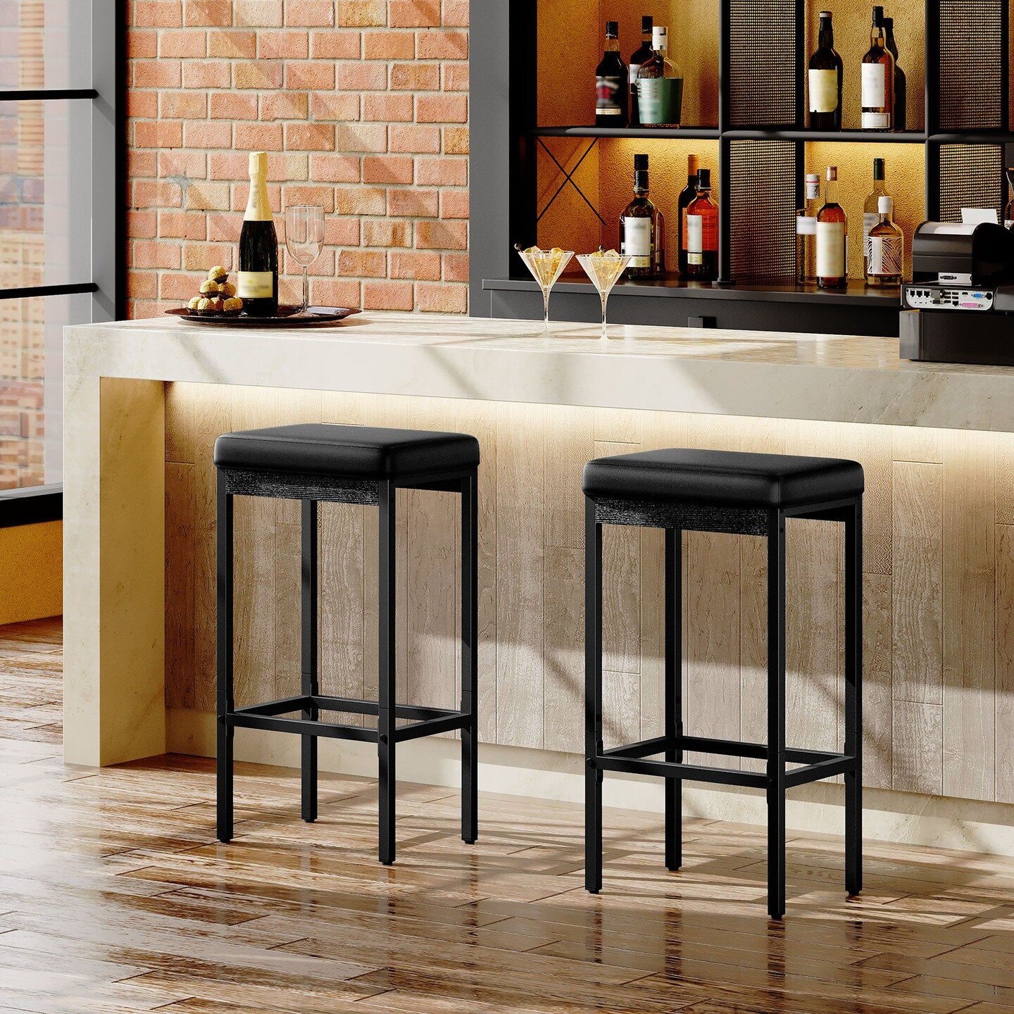 Modern Bar Chairs Set of 2, PU Seat with Footrest, Kitchen Stools