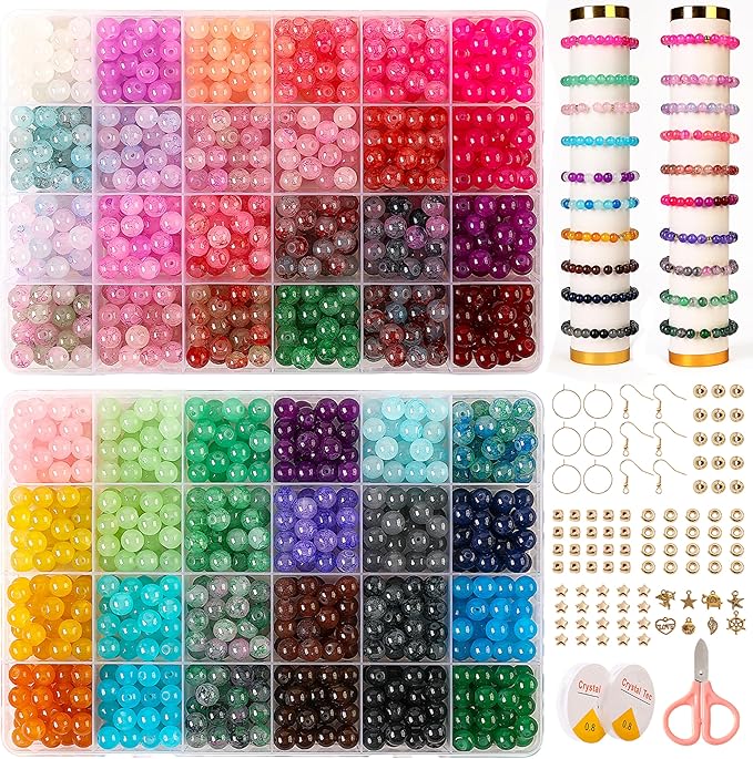 Glass Beads for Jewelry Making, 1300pcs + 8mm 48 Colors Round Crystal Glass Beads Bracelet Making Kit, Bead Starter Kit for Birthday Holiday Art Crafts Gifts