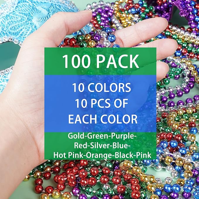 100 Pcs Mardi Gras Beads Necklaces Bulk, 33" 7mm Colorful Metallic Beaded Necklaces, Party Favors Parade Throws Bulk Women Men Party Costume Accessories for Pirate Carnival (10 Colors)