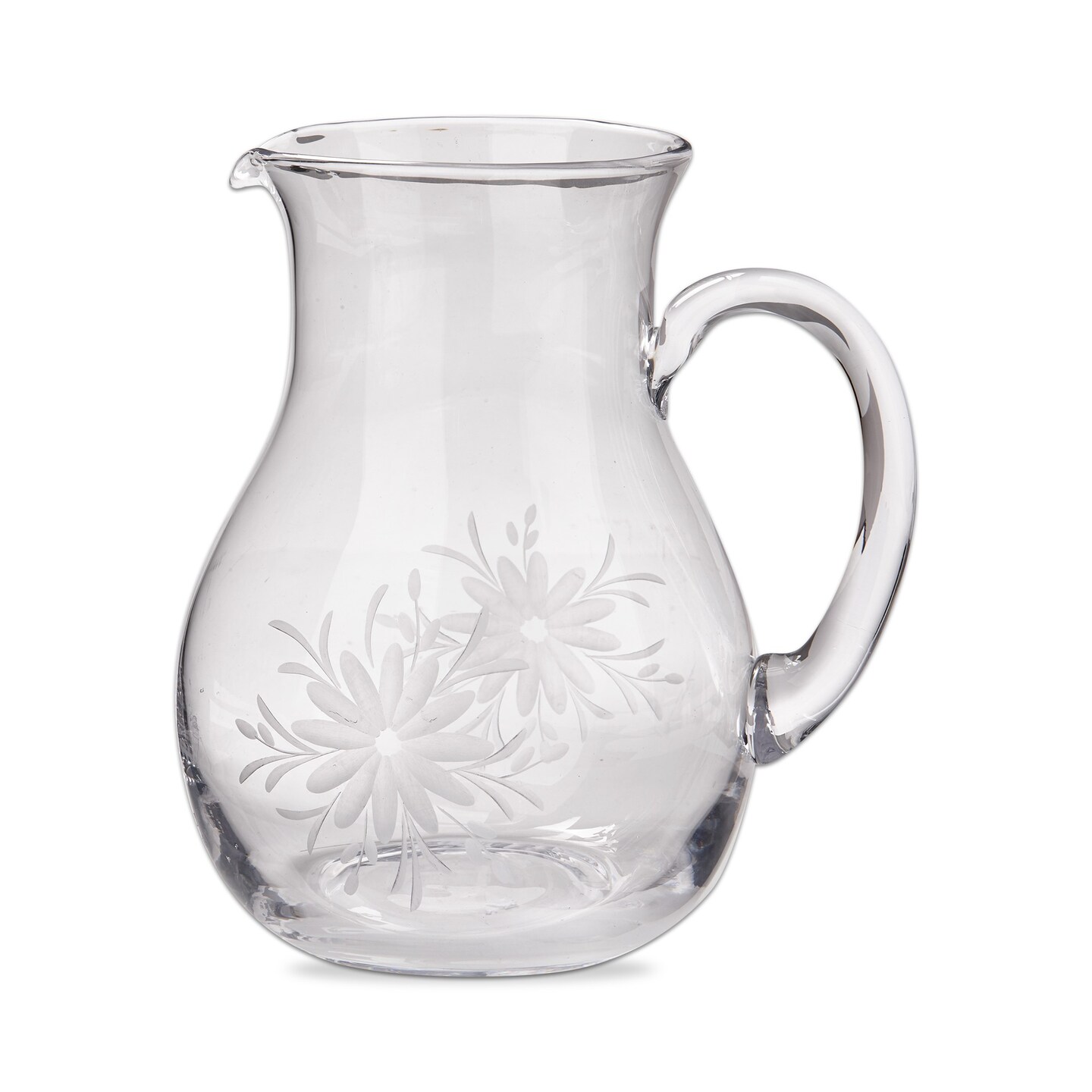 Fleur Etched Glass Pitcher - 67oz Beverage Server for Summer, Clear Glass, Hand Wash Only, 9" H x 6.25" L x 6.25" W